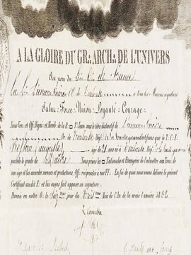 Diplôme de maître maçon délivré par la loge de l'Union sincère à l'Orient de Toulouse à Auguste Bessan, 21 ans.