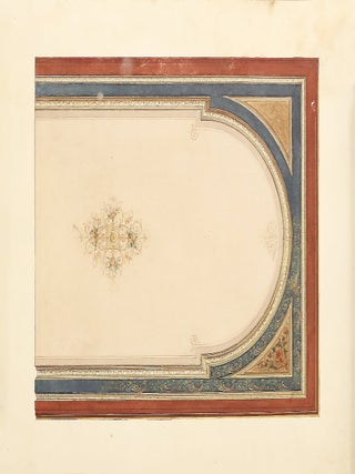 Ensemble de 11 dessins de projets de décoration intérieure au crayon, à l’aquarelle et à la gouache, certains rehaussés de peinture dorée (déchirures aux bords, sans gravité, et moisissures marginales par endroits ; les feuilles sont roulées)