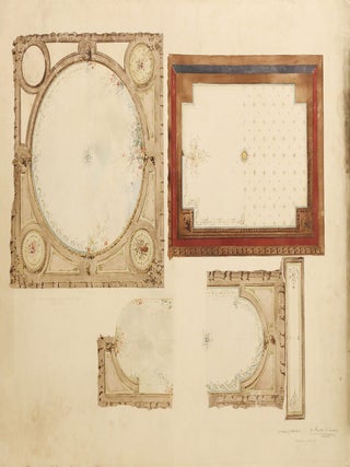 Ensemble de 11 dessins de projets de décoration intérieure au crayon, à l’aquarelle et à la gouache, certains rehaussés de peinture dorée (déchirures aux bords, sans gravité, et moisissures marginales par endroits ; les feuilles sont roulées)