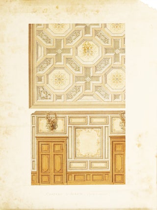 Ensemble de 11 dessins de projets de décoration intérieure au crayon, à l’aquarelle et à la gouache, certains rehaussés de peinture dorée (déchirures aux bords, sans gravité, et moisissures marginales par endroits ; les feuilles sont roulées)