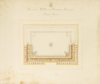 Ensemble de 11 dessins de projets de décoration intérieure au crayon, à l’aquarelle et à la gouache, certains rehaussés de peinture dorée (déchirures aux bords, sans gravité, et moisissures marginales par endroits ; les feuilles sont roulées)