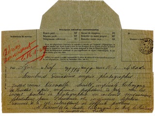 Item #4371 Télégramme manuscrit envoyé à Auguste et Louis Lumière à Lyon, en français....
