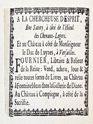 Item #4464 Etiquette du libraire-relieur Fournier, « A la chercheuse d’esprit, rue Satory…...