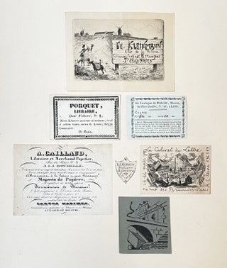Item #4465 Réunion de huit cartes de visites et étiquettes de libraires. LIBRAIRIE
