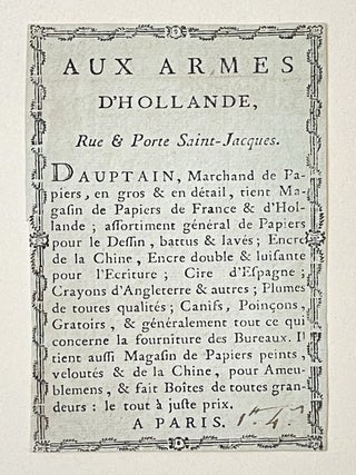 Item #4466 Etiquette pour le marchand de papier Dauptain, « aux armes de Hollande, rue & porte...