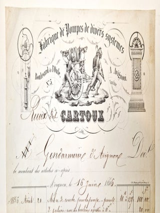 Facture de Rieux dit Cartoux, fabricant de pompes de divers systèmes, 5 boulevard de l’Oule, à Avignon, adressée à la gendarmerie de la ville. Avignon, 16 juin 1856. 1 page in-4 sur formulaire imprimé partiellement complété manuscritement, bel en-tête lithographié figurant des pompiers tirant le chariot d’une pompe à bras, encadrés de deux autres modèles de pompes.