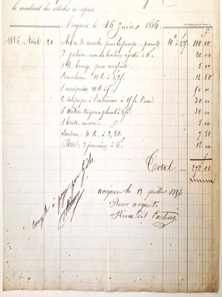Facture de Rieux dit Cartoux, fabricant de pompes de divers systèmes, 5 boulevard de l’Oule, à Avignon, adressée à la gendarmerie de la ville. Avignon, 16 juin 1856. 1 page in-4 sur formulaire imprimé partiellement complété manuscritement, bel en-tête lithographié figurant des pompiers tirant le chariot d’une pompe à bras, encadrés de deux autres modèles de pompes.