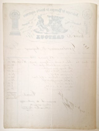 Facture de Rieux dit Cartoux, fabricant de pompes de divers systèmes, 5 boulevard de l’Oule, à Avignon, adressée à la gendarmerie de la ville. Avignon, 16 juin 1856. 1 page in-4 sur formulaire imprimé partiellement complété manuscritement, bel en-tête lithographié figurant des pompiers tirant le chariot d’une pompe à bras, encadrés de deux autres modèles de pompes.