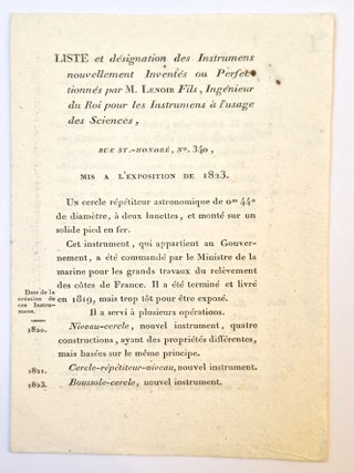 Item #4545 Liste et désignation des instruments nouvellement inventés ou perfectionnés par M....