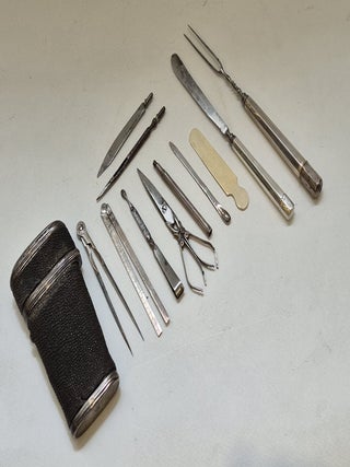 Item #5042 Nécessaire de poche de voyage en acier, argent, ivoire et peau de poisson, circa 1800