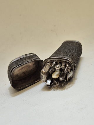 Nécessaire de poche de voyage en acier, argent, ivoire et peau de poisson, circa 1800