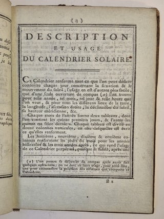 Calendrier solaire, perpétuel et universel, contenant la longitude, l'ascension droite, la déclinaison du soleil et sa hauteur quotidienne pour tous les différens lieux de la Terre…