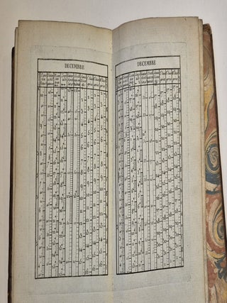 Calendrier solaire, perpétuel et universel, contenant la longitude, l'ascension droite, la déclinaison du soleil et sa hauteur quotidienne pour tous les différens lieux de la Terre…