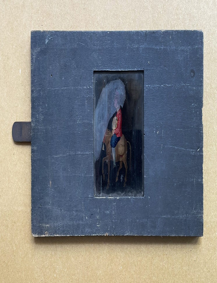 Item #5384 Plaque de lanterne magique &agrave; syst&egrave;me, figurant un meunier chevauchant un &acirc;ne, et dont les t&ecirc;tes s'&eacute;changent lorsqu'on actionne la tirette. PRE-CINEMA.