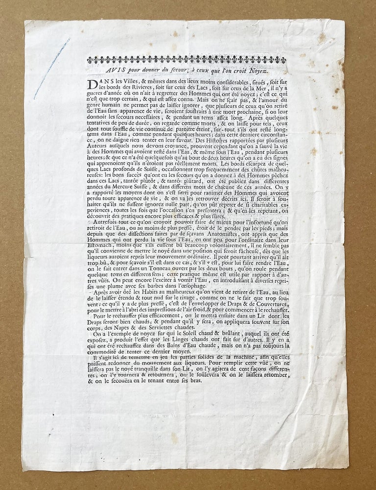 Item #5392 Avis pour donner du secours &agrave; ceux que l'on croit noyez. Ren&eacute; Antoine Ferchault REAUMUR.