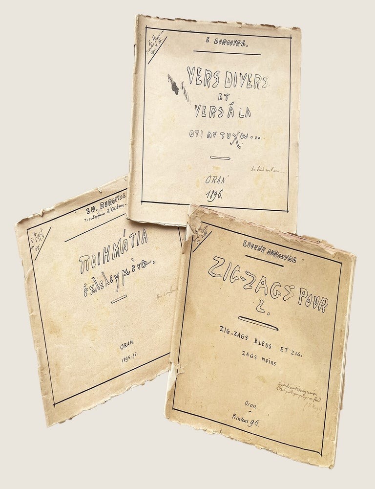 Item #5420 &Pi;&Omicron;&Iota;&Epsilon;&Mu;Ά&Tau;&Iota;&Alpha; έ&kappa;&lambda;&epsilon;&lambda;&epsilon;&gamma;&mu;&epsilon;&nu;&alpha;. - Divers vers et vers &agrave; la &Omicron;&Tau;&Iota; &alpha;v &tau;&upsilon;&chi;&omega;. - Zig-zags pour L. Zig-zags bleus et zig-zags noirs. MANUSCRIT, Eug&egrave;ne DUROUVRE.